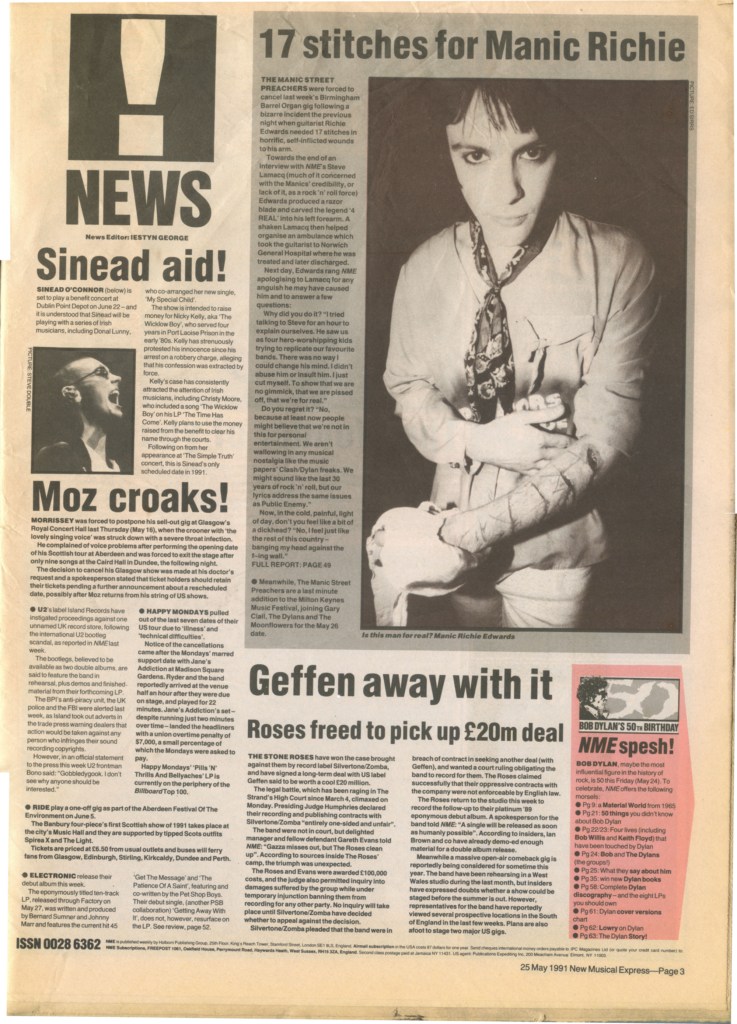 NME 25 May 1995 featuring Richey Edwards and his 4REAL self-harm