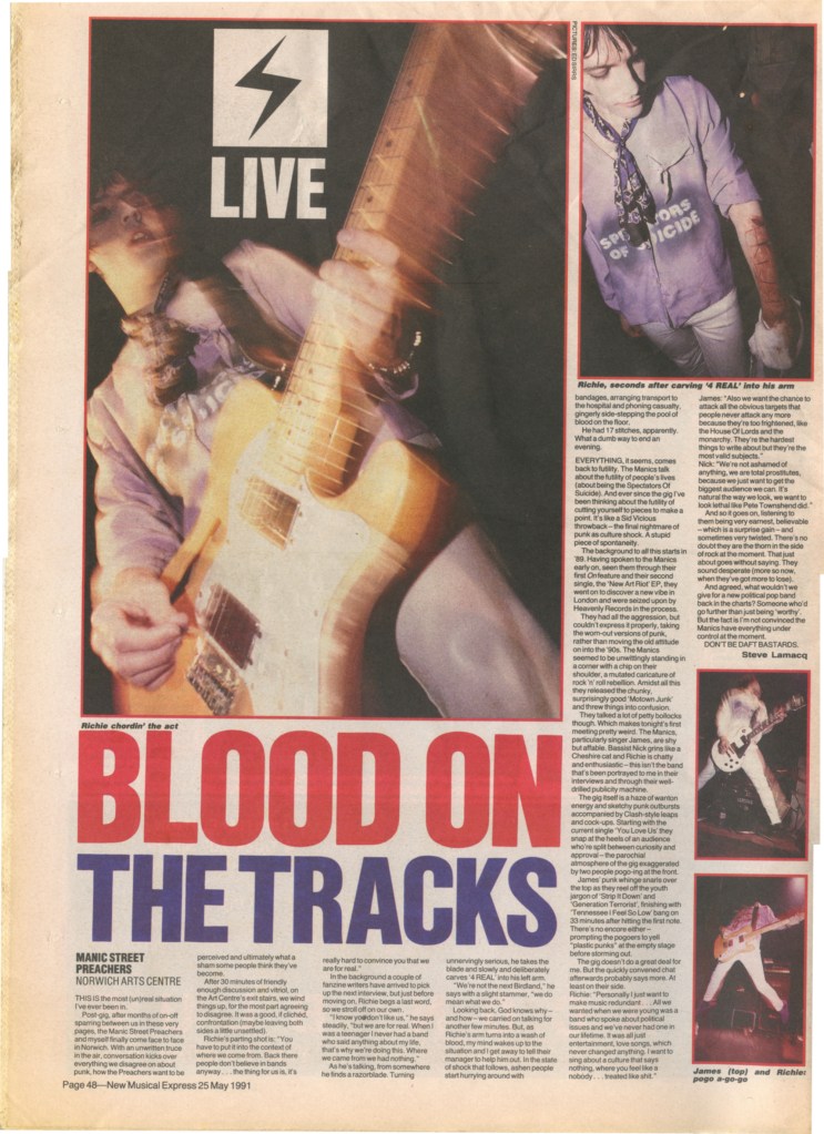 NME 25 May 1995 featuring Richey Edwards and his 4REAL self-harm