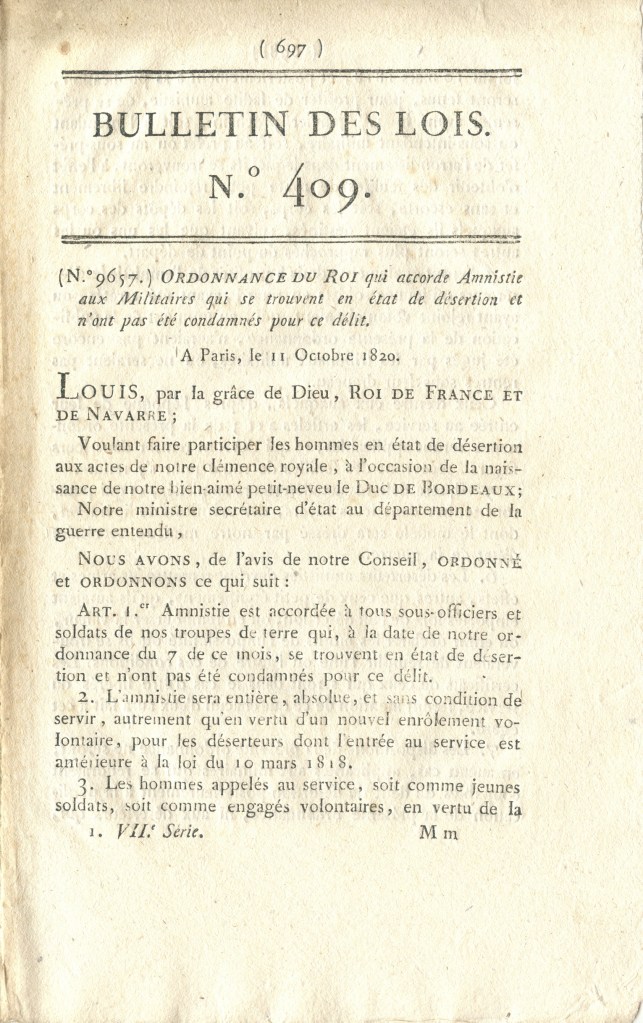 Bulletin des lois n° 409 1820 sur les mutilations volontaires de soldats