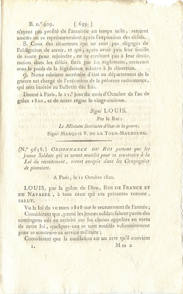 Bulletin des lois n° 409 1820 sur les mutilations volontaires de soldats