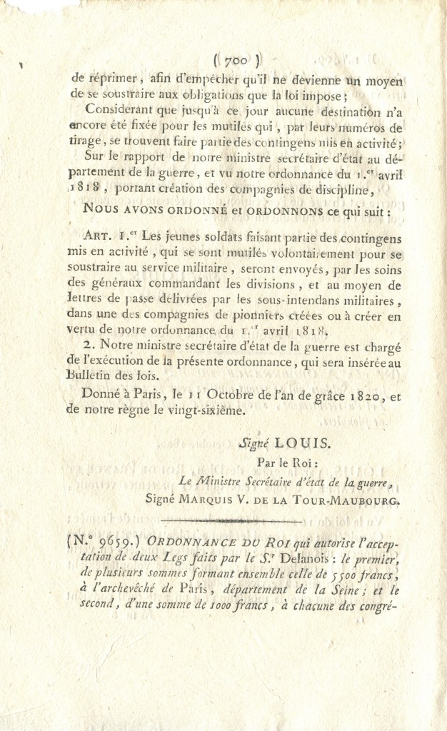 Bulletin des lois n° 409 1820 sur les mutilations volontaires de soldats