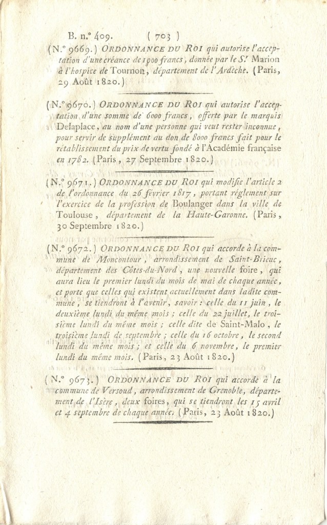 Bulletin des lois n° 409 1820 sur les mutilations volontaires de soldats