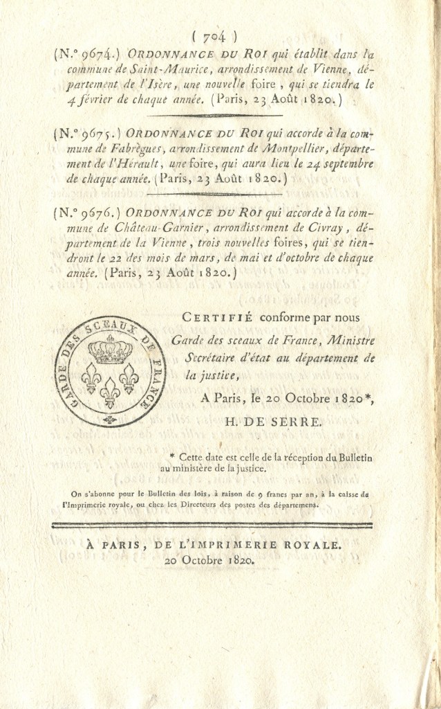 Bulletin des lois n° 409 1820 sur les mutilations volontaires de soldats