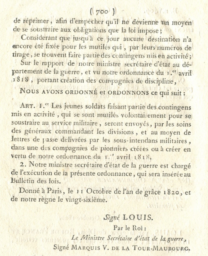 Bulletin des lois n° 409 1820 sur les mutilations volontaires de soldats