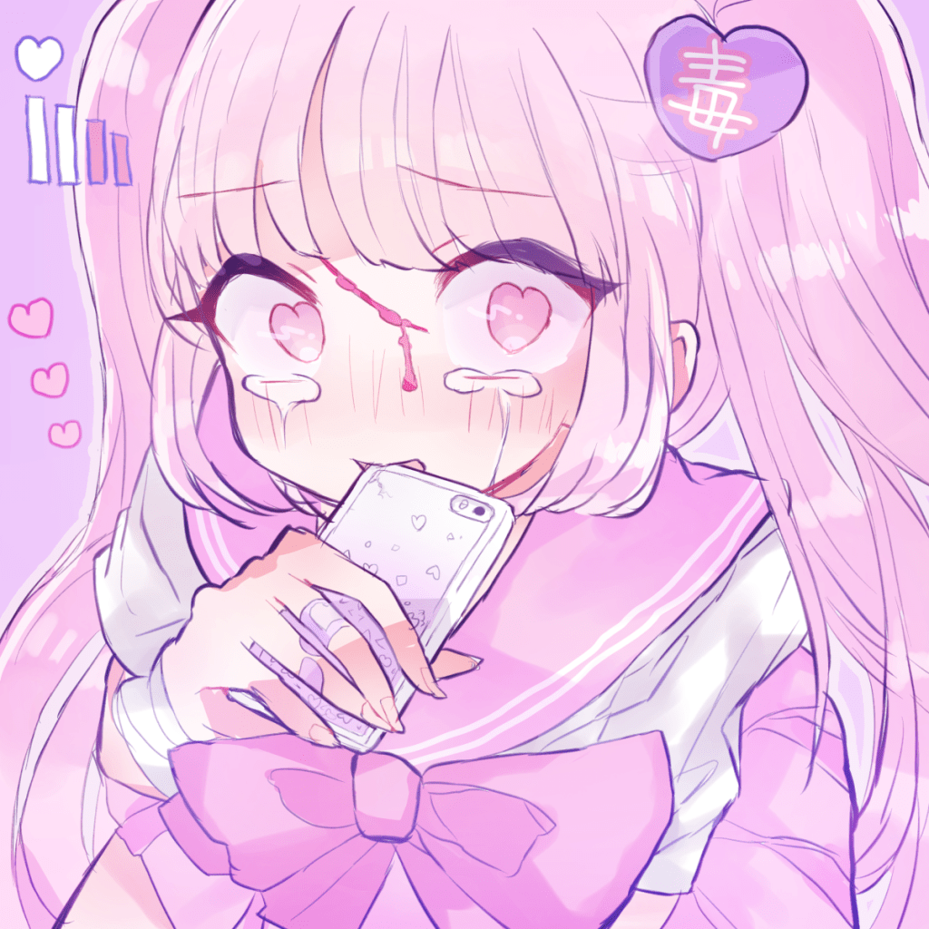 Illustration by Japanese Yami Kawaii artist Ryan depicting an injured girl, crying and holding her phone